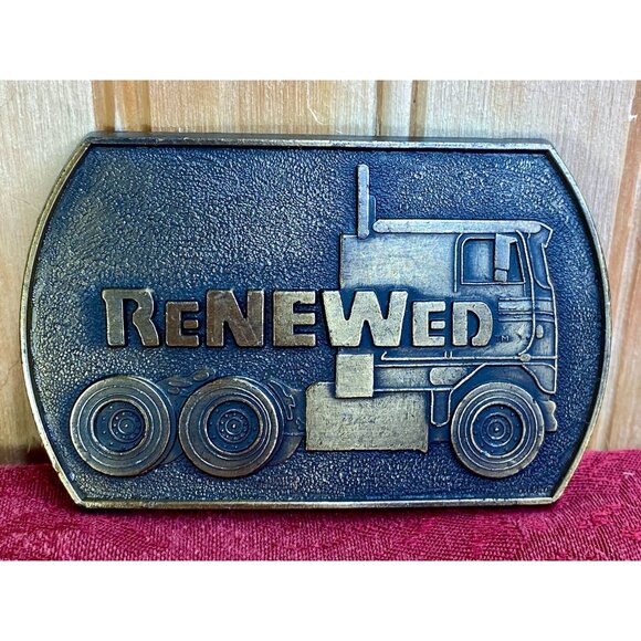 Vtg Cabover Semi Truck Trucker ReNEWed Company Logo Brass Belt Buckle Brand RJ - Picture 1 of 8